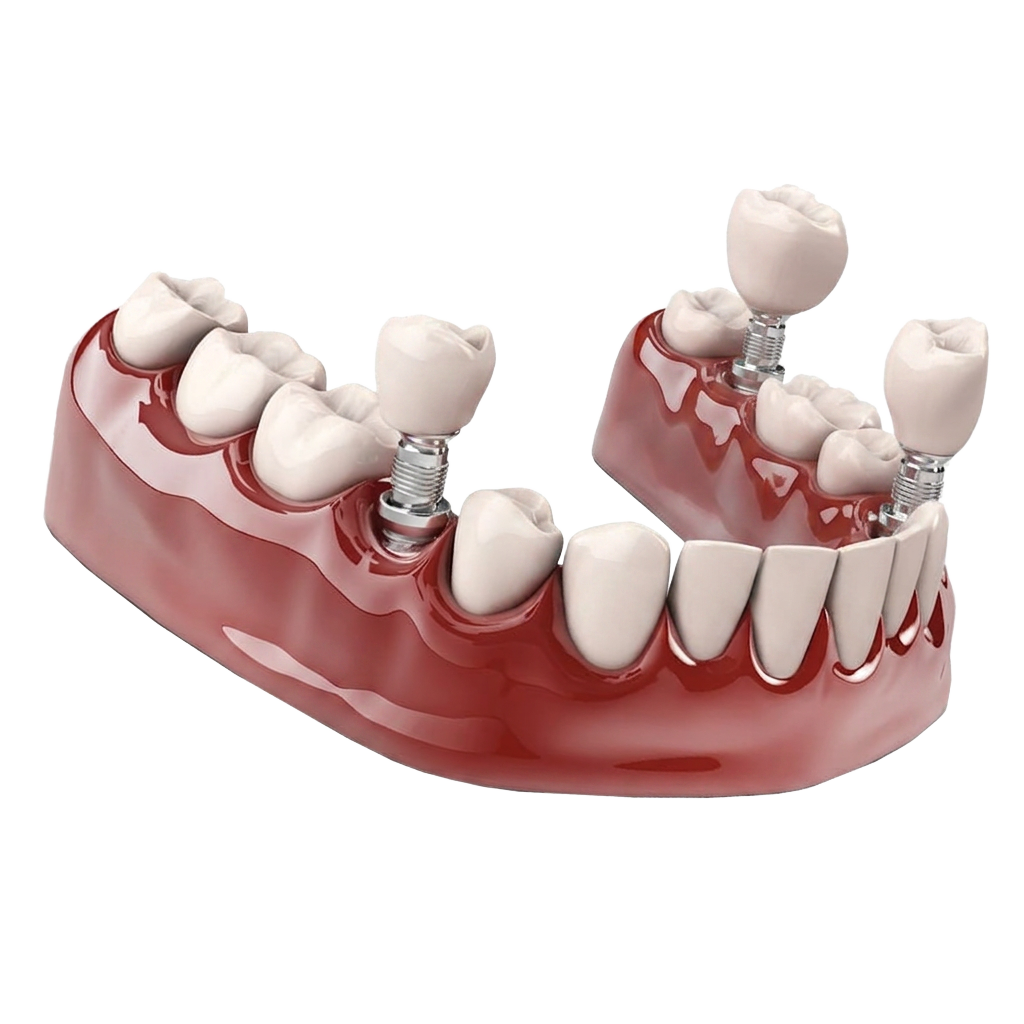 Modelo 3D detalhado de uma arcada dentária com implantes dentários